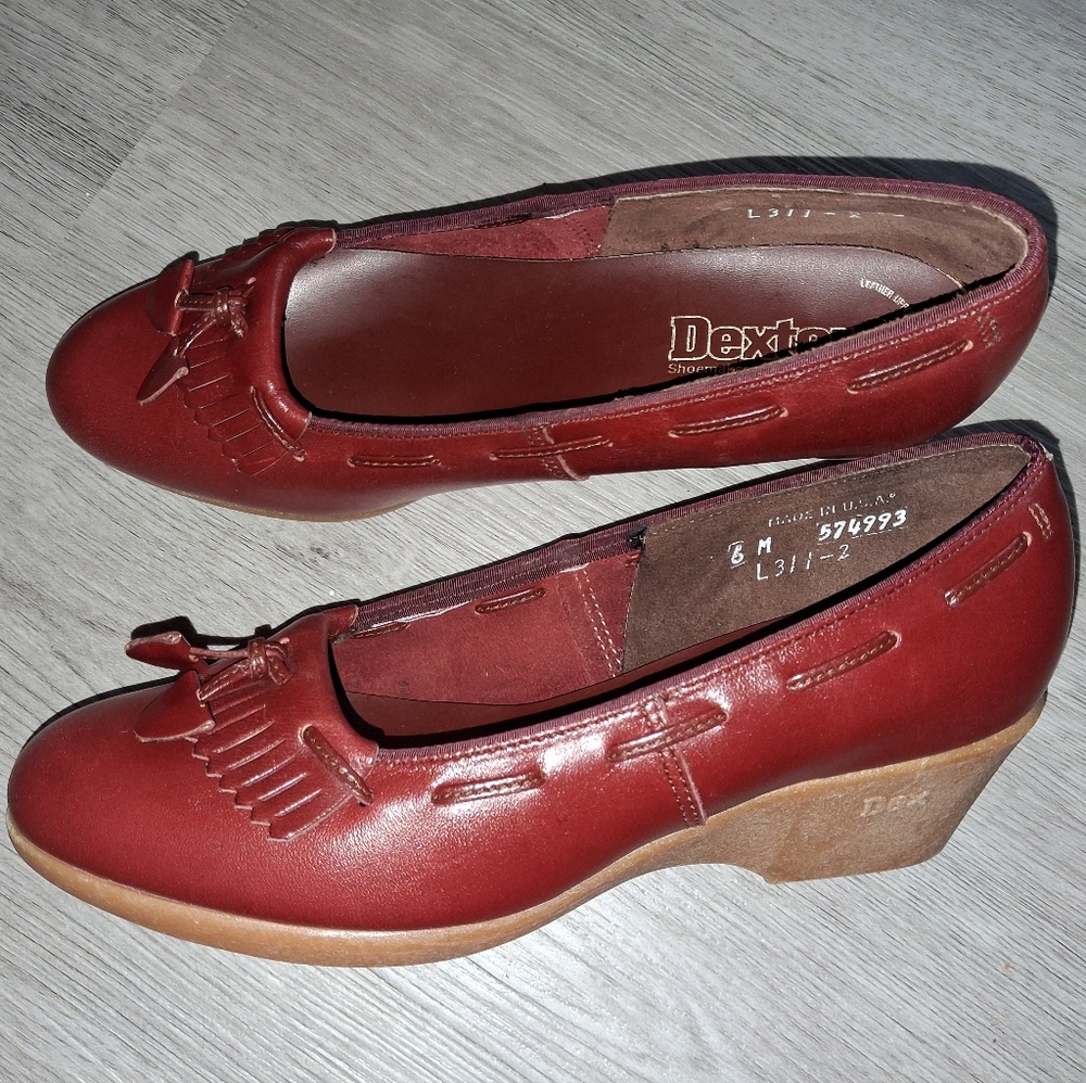 🆕Dexter VINTAGE 1980s Oxblood Brown Leather Woven Tassle Loafer Wedges Size 6